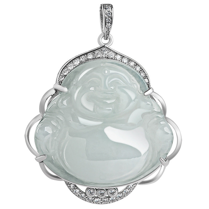 Buddha Stones 925 Sterling Silver Laughing Buddha Natural Jade Abundance Necklace Pendant