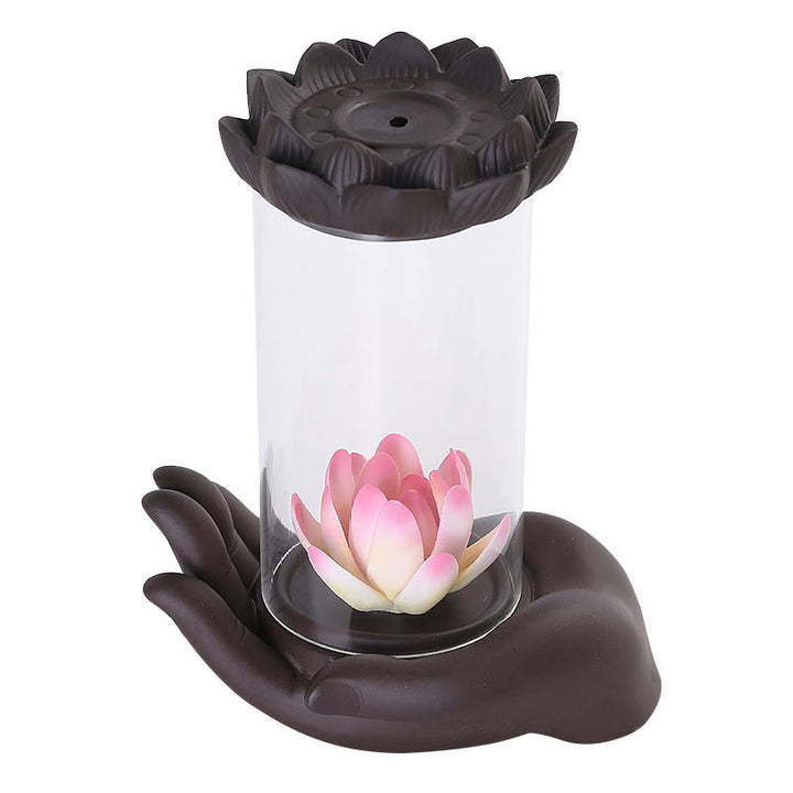 Buddha Stones Buddha Hand Lotus Enlightenment LED Light Purple Clay Ceramic Incense Burner Decoration