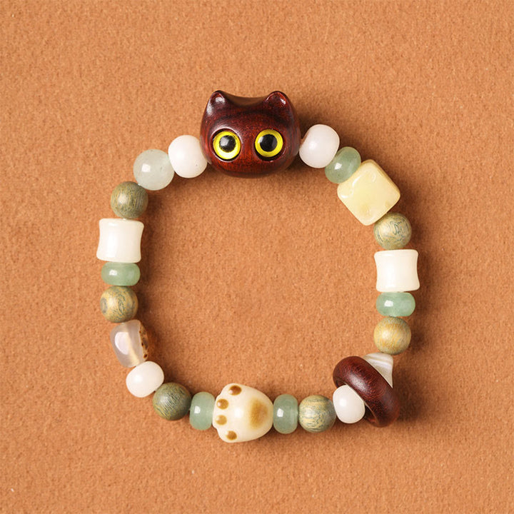 Buddha Stones Bodhi Seed Green Sandalwood Ebony Wood Small Leaf Red Sandalwood Cat Head Paw Claw Peace Bracelet