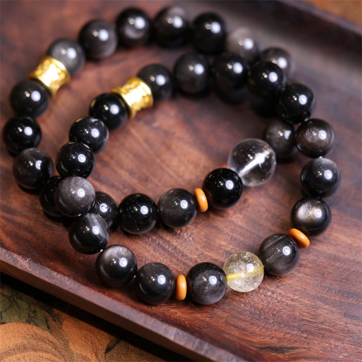 Buddha Stones Natural Silver Sheen Obsidian Crystal Om Mani Padme Hum Bead Protection Bracelet