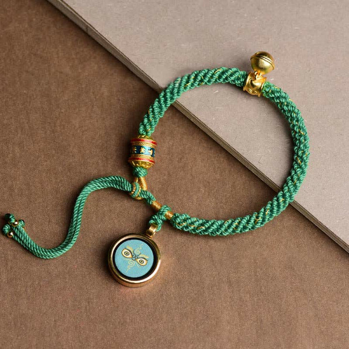 Buddha Stones Tibetan Five God Of Wealth Thangka Luck Prayer Wheel Bell Braid String Bracelet