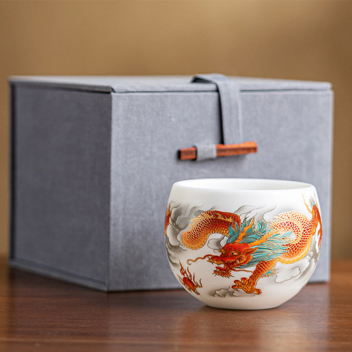 Buddha Stones Dragon Phoenix Auspicious Clouds Ceramic Teacup Kung Fu Tea Cup With Gift Box