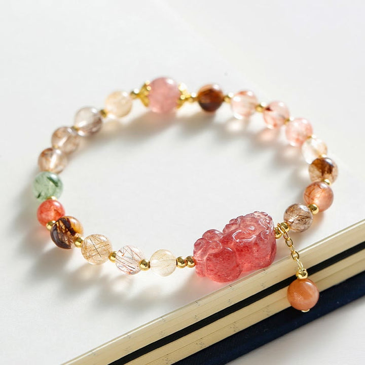 Buddha Stones Natural Rutilated Quartz Strawberry Quartz PiXiu Wealth Bracelet