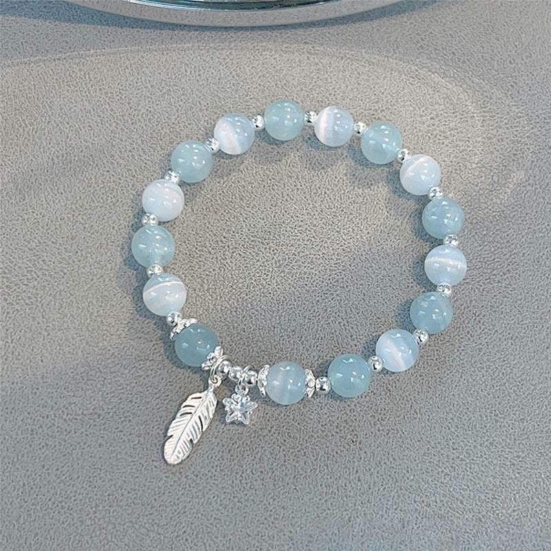 Buddha Stones 925 Sterling Silver Aquamarine Cat's Eye Healing Feather Star Charm Bracelet