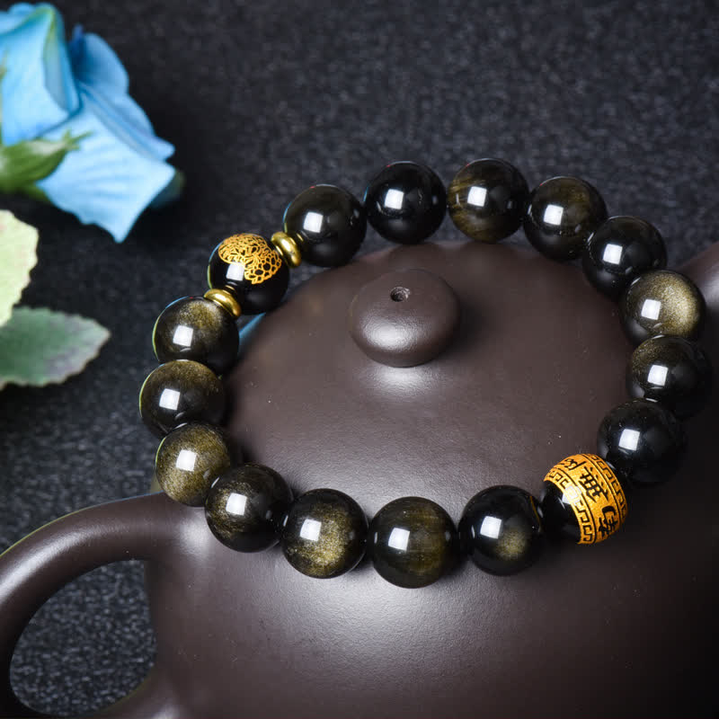 Chinese Zodiac Natal Buddha Gold Sheen Obsidian Wealth Protection Bracelet