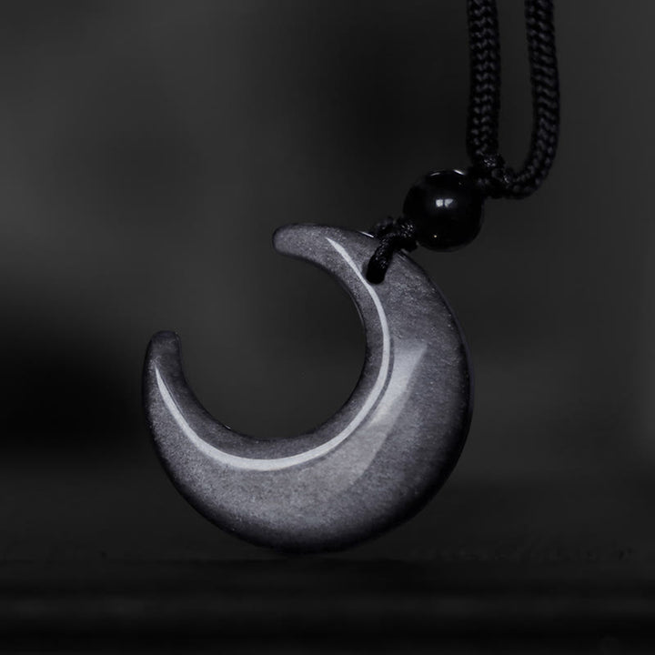 Buddha Stones Natural Silver Sheen Obsidian Selenite Crystal Crescent Moon Yin Yang Couple Protection Necklace Pendant