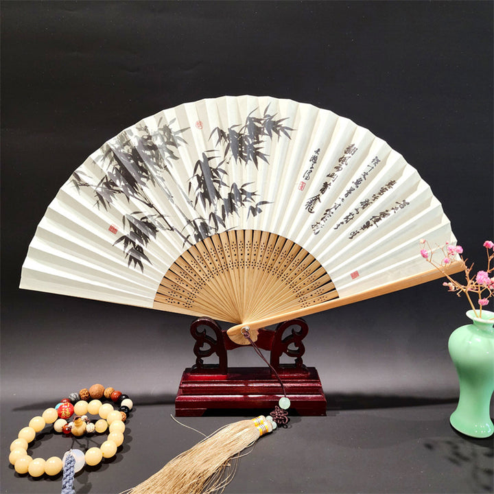 Buddha Stones A Panorama Of Rivers And Mountains Cranes Orchid Flower Paper Bamboo Handheld Silk Bamboo Folding Fan 22cm