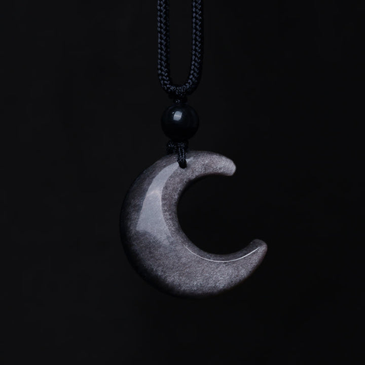 Buddha Stones Natural Silver Sheen Obsidian Selenite Crystal Crescent Moon Yin Yang Couple Protection Necklace Pendant