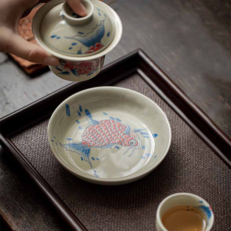 Buddha Stones Koi Fish Arowana Ceramic Gaiwan Sancai Teacup Kung Fu Tea Cup With Lid 130ml