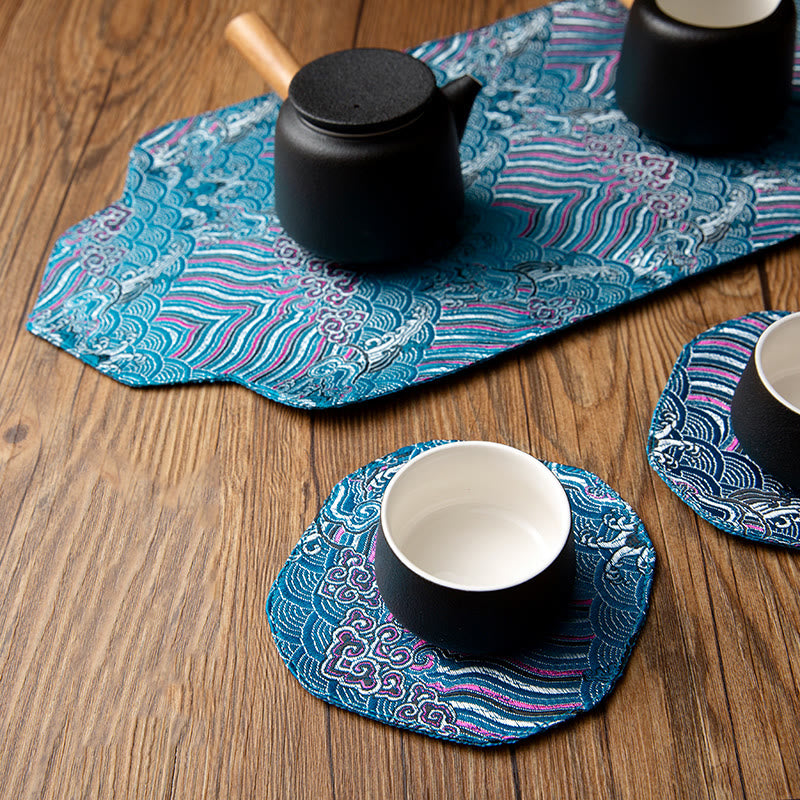 Buddha Stones Sea Wave Bamboo Plum Blossom Brocade Embroidery Cup Mat Pad Tea Cup Coaster Kung Fu Tea Mat