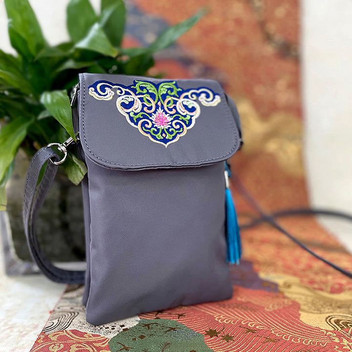 Waterproof Handmade Embroidered Lotus Flowers Crossbody Bag Shoulder Bag Cellphone Bag