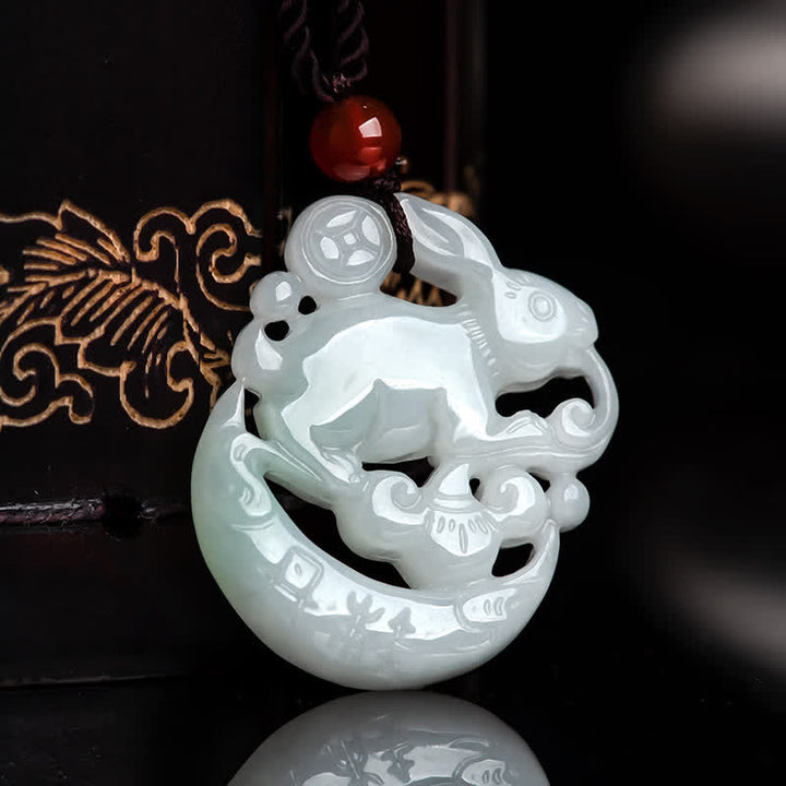 Year of the Rabbit White Jade Crescent Moon Protection Necklace Pendant