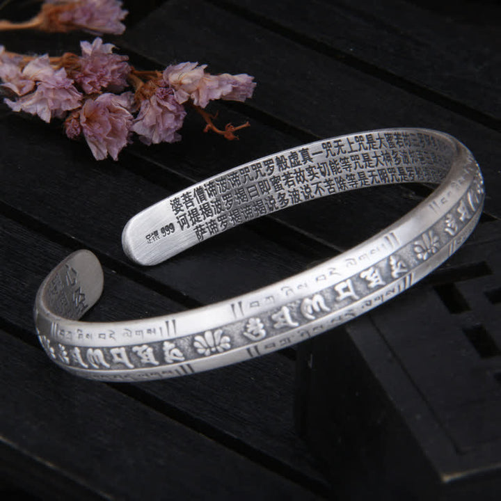 999 Sterling Silver Om Mani Padme Hum Heart Sutra Lotus Peace Bracelet Bangle