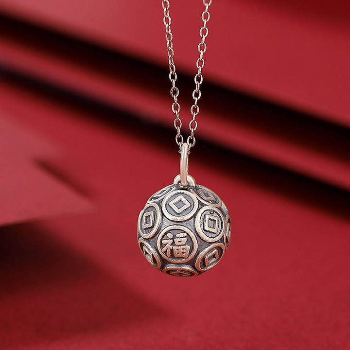 Buddha Stones 990 Sterling Silver Fu Character Copper Coin Luck Fortune Chain Necklace Pendant