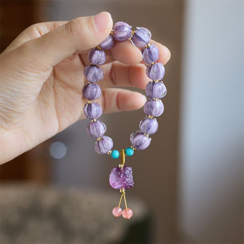 Buddha Stones Liuli Glass Bead Lotus Design Fluorite Ivory Fruit Dancing Lion Charm Enlightenment Bracelet