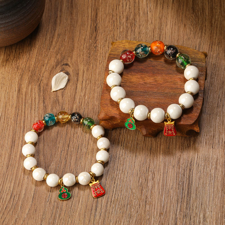 Buddha Stones Tibetan Incense Ash Porcelain Luminous Fluorescent Liuli Glass Bead Gourd Copper Coin Charm Peace Bracelet