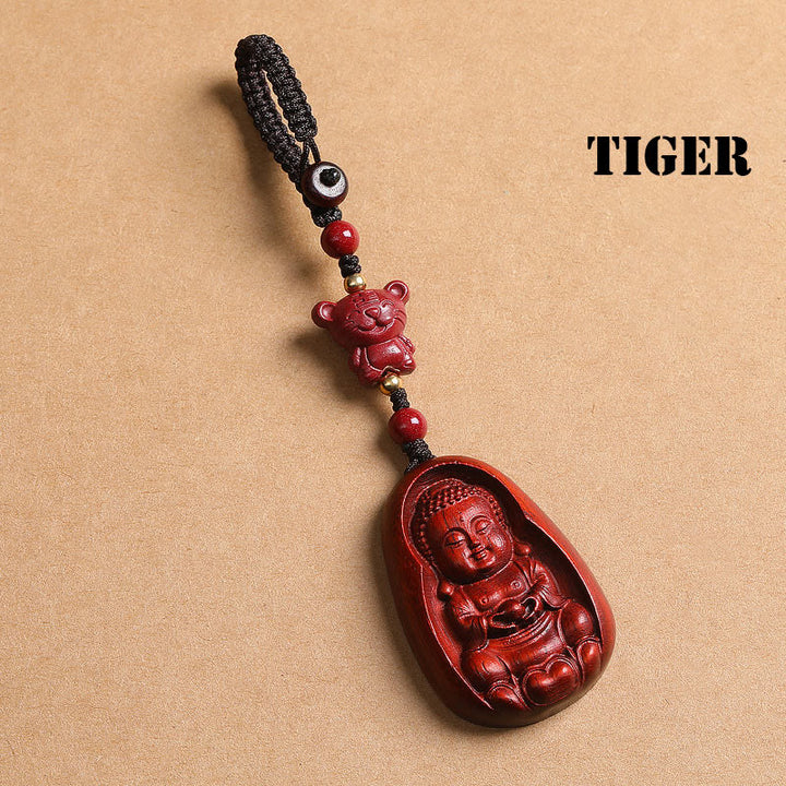 Buddha Stones Small Leaf Red Sandalwood Buddha Cinnabar Chinese Zodiac Amulet Protection Key Chain