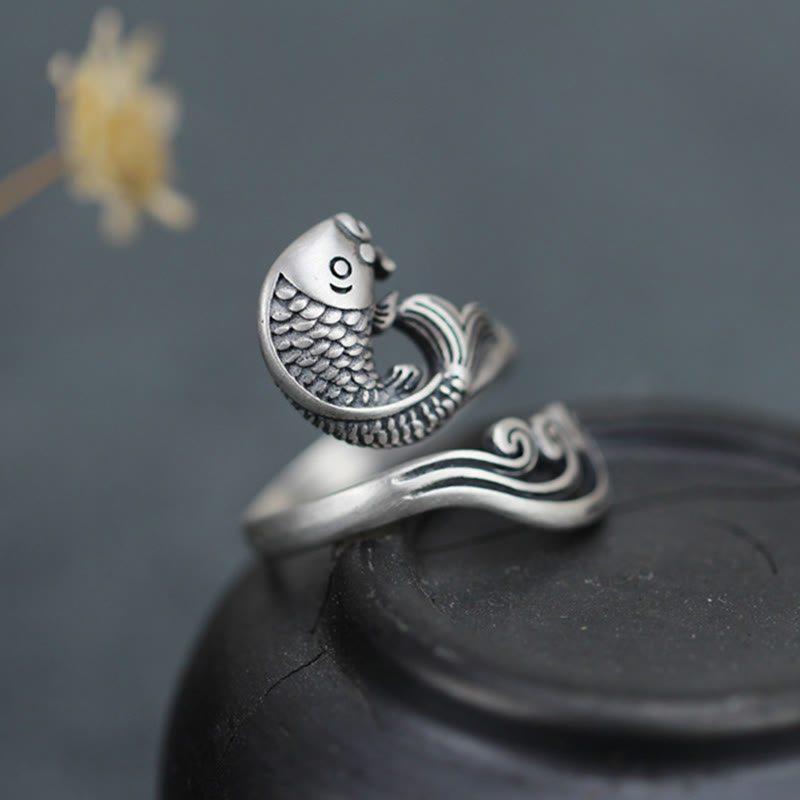 Buddha Stones 925 Sterling Silver Koi Fish Water Ripple Luck Wealth Ring