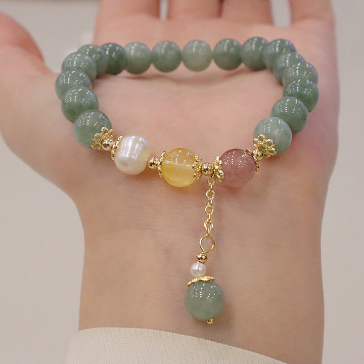 Buddha Stones Jade Pearl Strawberry Quartz Abundance Luck Bead Charm Bracelet