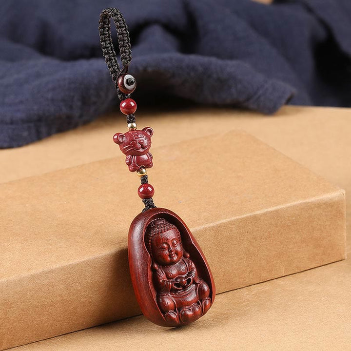 Buddha Stones Small Leaf Red Sandalwood Buddha Cinnabar Chinese Zodiac Amulet Protection Key Chain