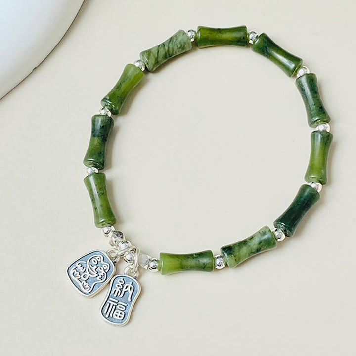 Buddha Stones 925 Sterling Silver Bamboo Jade Lucky Cat Fu Character Luck Abundance Bracelet