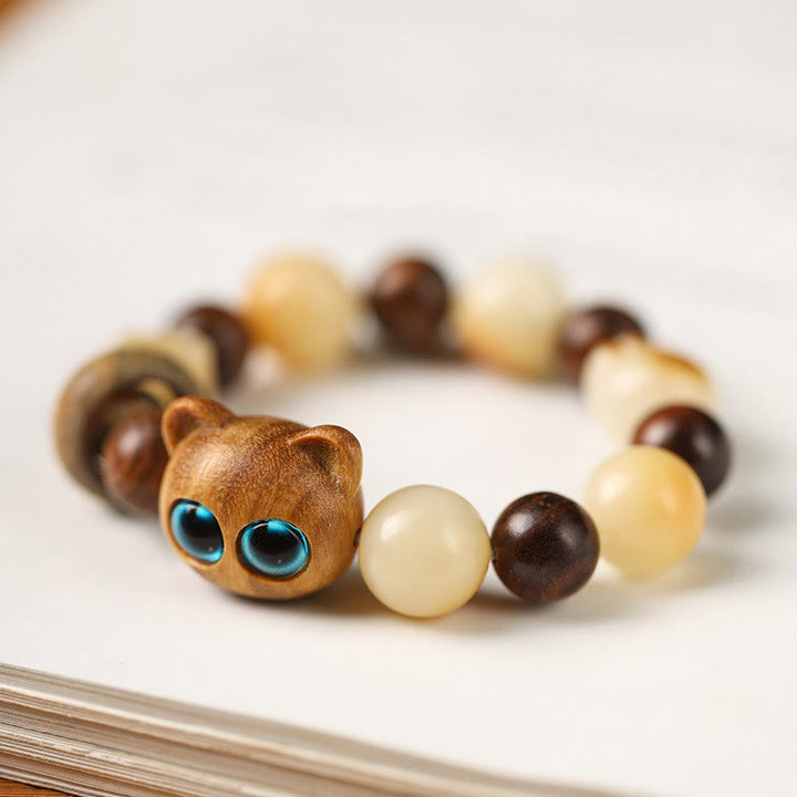 Buddha Stones Natural Bodhi Seed Sandalwood Lucky Cute Cat Head Paw Claw Peace Bracelet