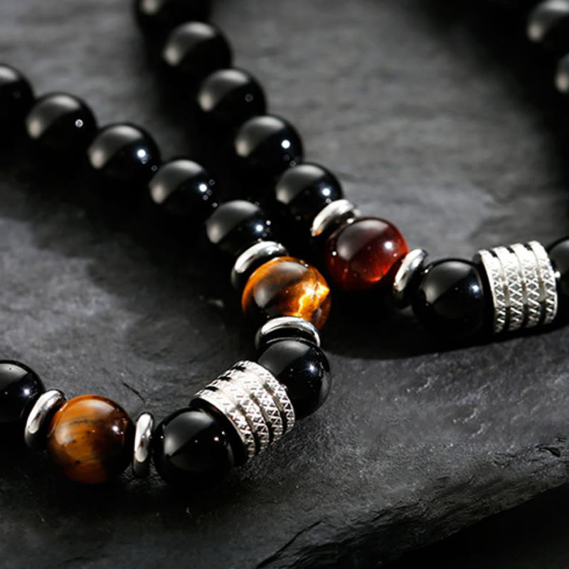 Buddha Stones Natural Black Obsidian Tiger Eye Strength Fulfillment Bracelet