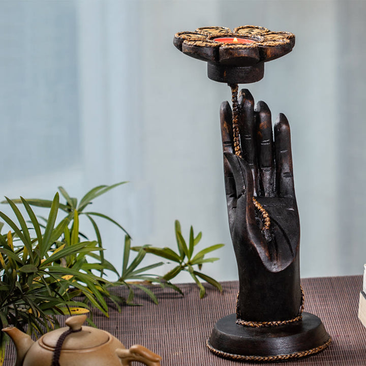 Buddha Stones Hand Pattern Wood Candlestick Home Candle Holder Decoration