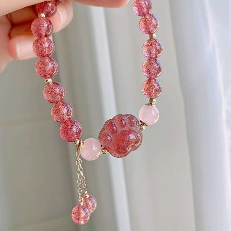 Buddha Stones Natural Strawberry Quartz Pink Crystal Lucky Cat Paw Love Bracelet