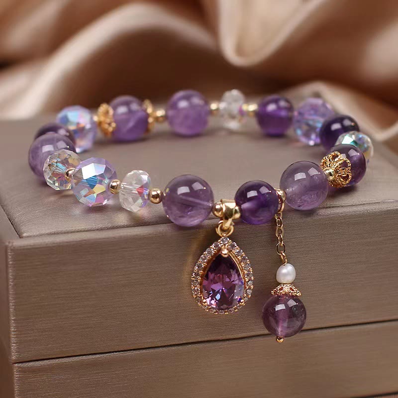 Natural Amethyst Zircon Love Heart Healing Soul Charm Bracelet