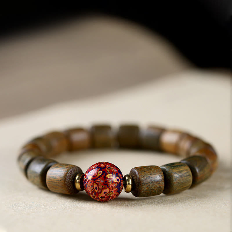 Buddha Stones Natural Green Sandalwood Small Leaf Red Sandalwood Lacquer Bead Peace Bracelet