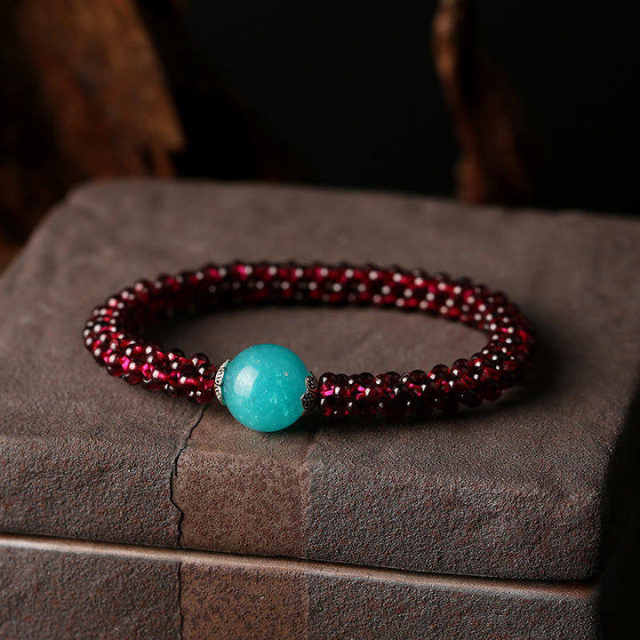 Buddha Stones Natural Garnet Pink Crystal Red Agate Amazonite Bead Protection Bracelet