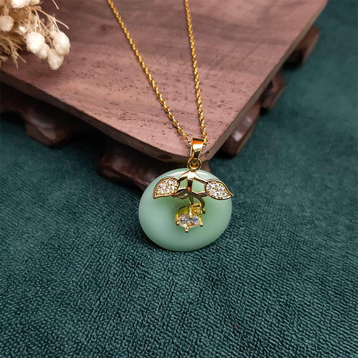 Buddha Stones Round Jade Leaf Blessing Fortune Necklace Chain Pendant