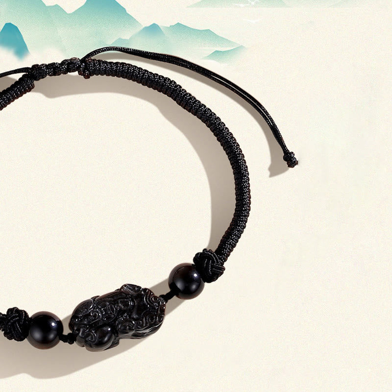 Buddha Stones Handmade Natural Silver Sheen Obsidian Strawberry Quartz PiXiu Protection Braided Bracelet