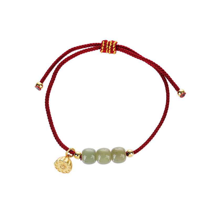 Buddha Stones Handmade Hetian Jade Bead Lotus Pod Prosperity Luck Braided Bracelet