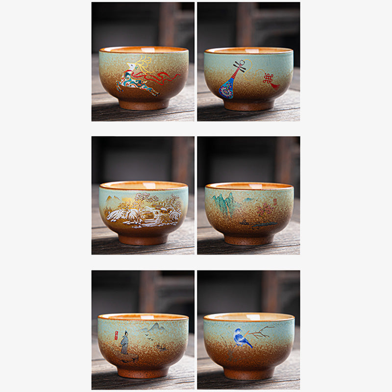 Buddha Stones Colorful Deer Pipa Snow Plum Blossoms Mountains Rivers Bird Ceramic Teacup Kung Fu Tea Cup Bowl