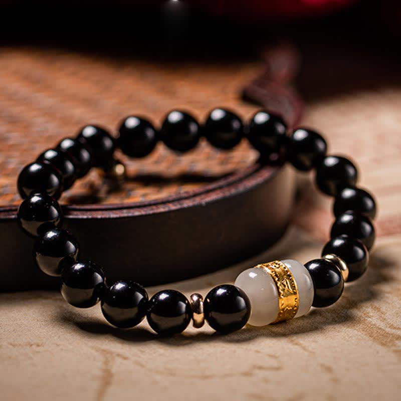 Buddha Stones Black Obsidian Jade Om Mani Padme Hum Strength Couple Magnetic Bracelet