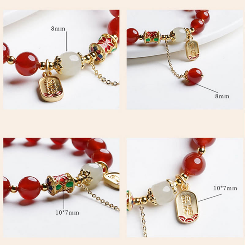 Buddha Stones Natural Red Agate Hetian Jade Fu Character Confidence Charm Bracelet