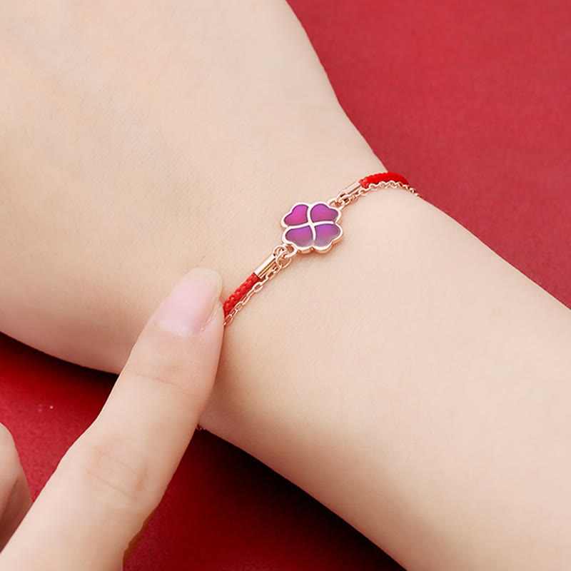 Buddha Stones 925 Sterling Silver Color-changing Four Leaf Clover Luck Protection Red String Bracelet