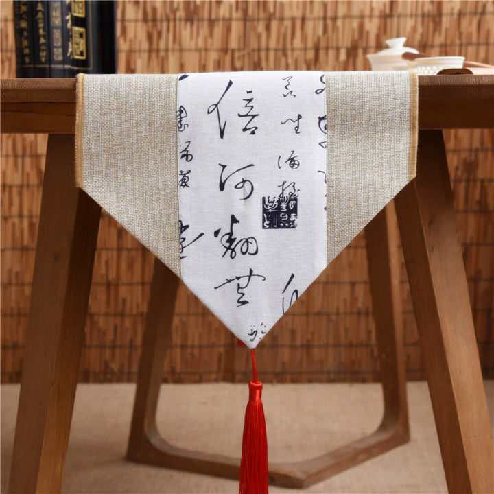 Buddha Stones Classic Chinese Style Lotus Koi Fish Flower Crane Calligraphy Enlightenment Cotton Linen Tassels Table Runner