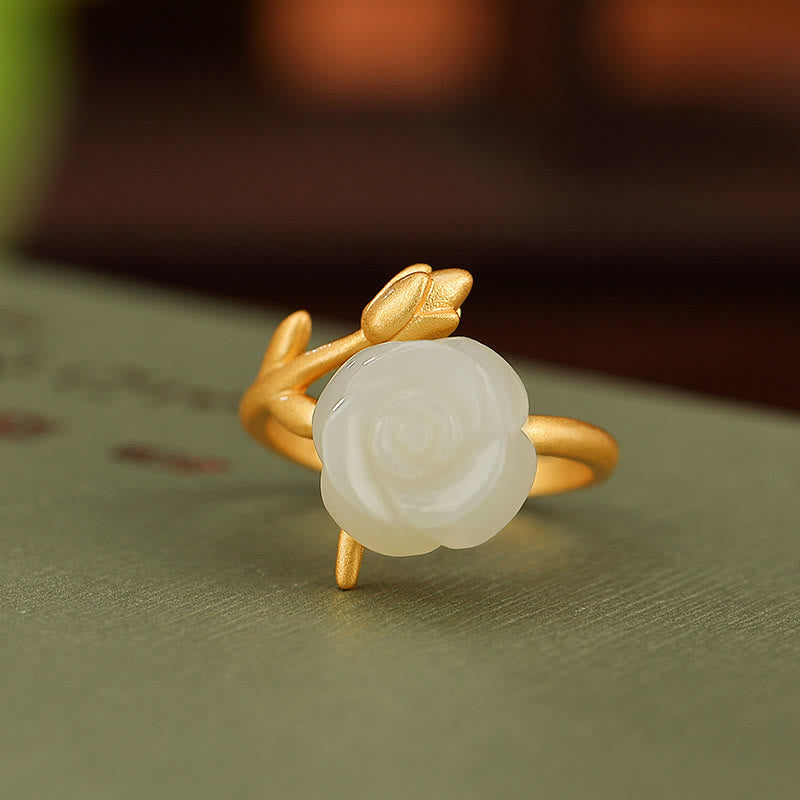 Buddha Stones 925 Sterling Silver Plated Gold Rose Flower Hetian White Jade Happiness Ring