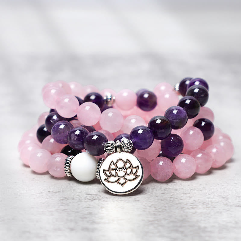 Buddha Stones Natural Rose Quartz & Amethyst Mala Bead Lotus Pendant Bracelet