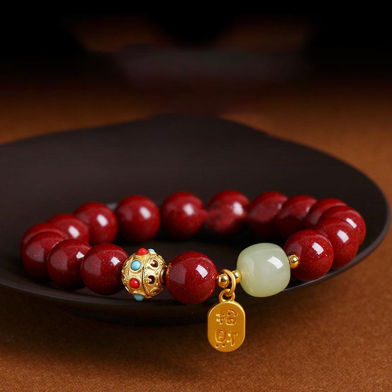 Buddha Stones Cinnabar Green Aventurine Fortune Protection Charm Bracelet