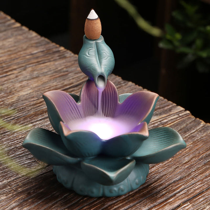 Buddha Stones Lotus Flower Leaf Frog Butterfly Pattern Healing Ceramic Incense Burner Decoration