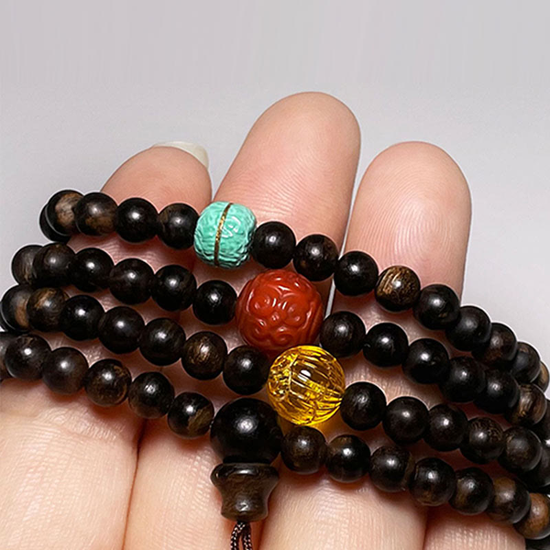 Buddha Stones Nha Trang Bai Qinan Agarwood Turquoise Amber Red Agate Strength Meditation Bracelet