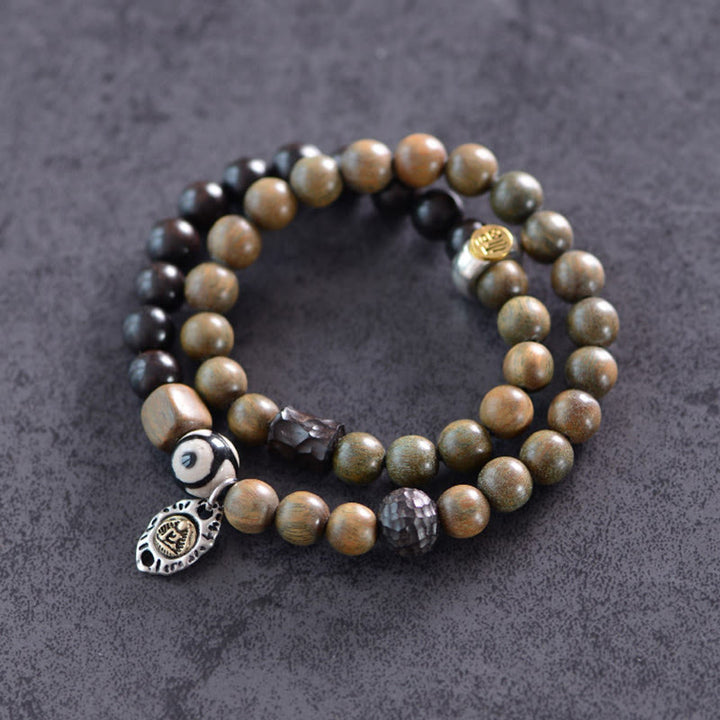 Buddha Stones Tibetan Green Sandalwood Ebony Wood Three-eyed Dzi Bead Fu Character Balance Peace Double Wrap Bracelet