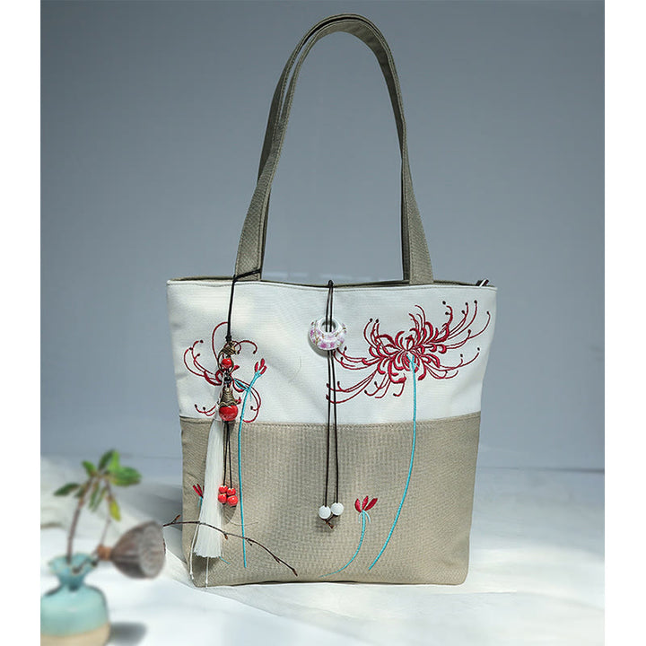 Pear Flower Plum Peach Blossom Bamboo Embroidery Canvas Large Capacity Shoulder Bag Tote Bag