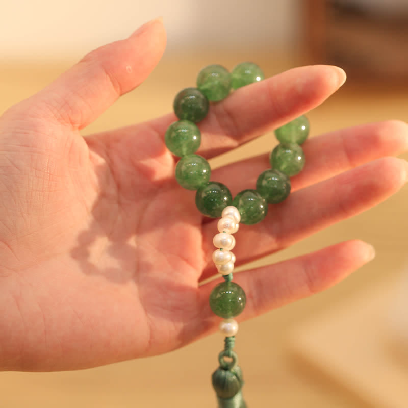 Green Strawberry Quartz Pearl Soothing Wrist Mala