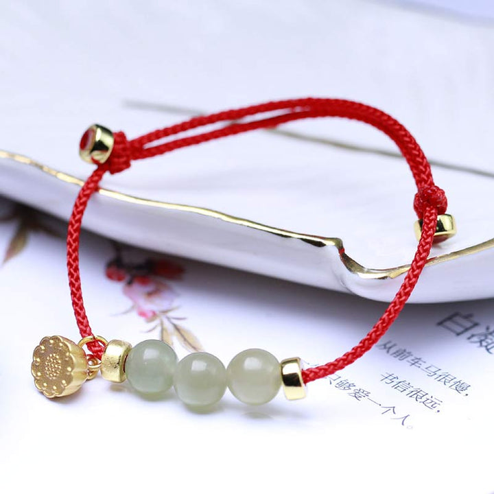 Buddha Stones Natural Jade Lotus Seed Strength Red String Weave Bracelet