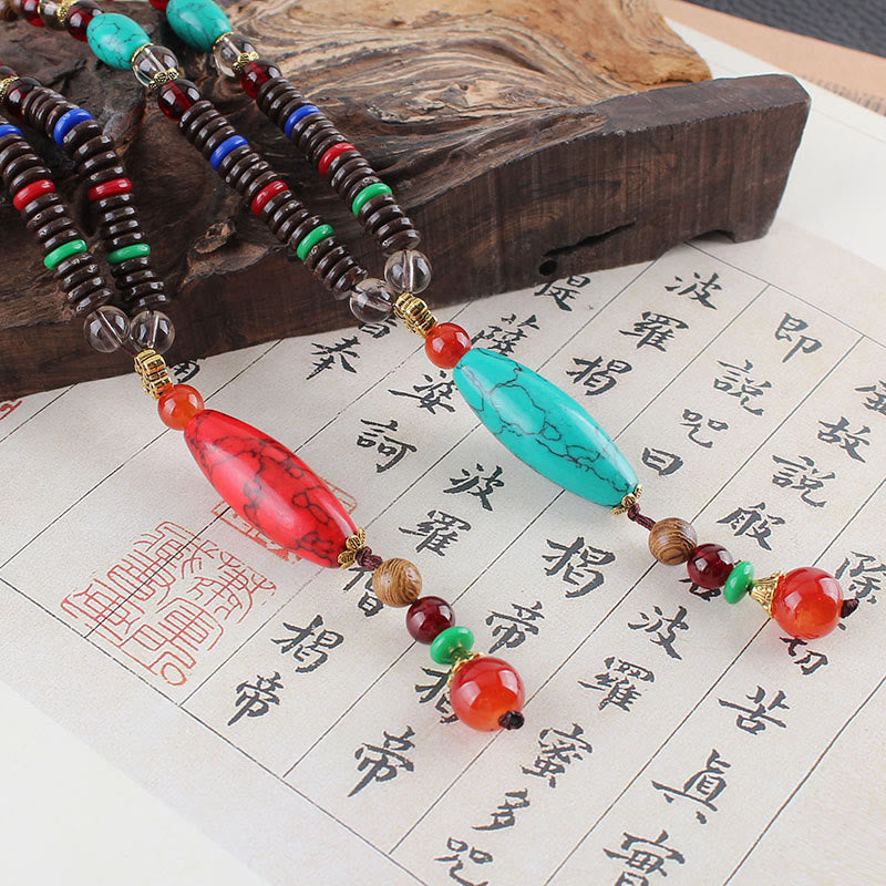 Buddha Stones Wenge Wood Turquoise Stone Protection Calm Necklace Pendant